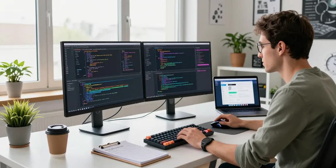 Engaged developer at a modern workspace coding on teiegramin.com software, dual monitors and vibrant screens.