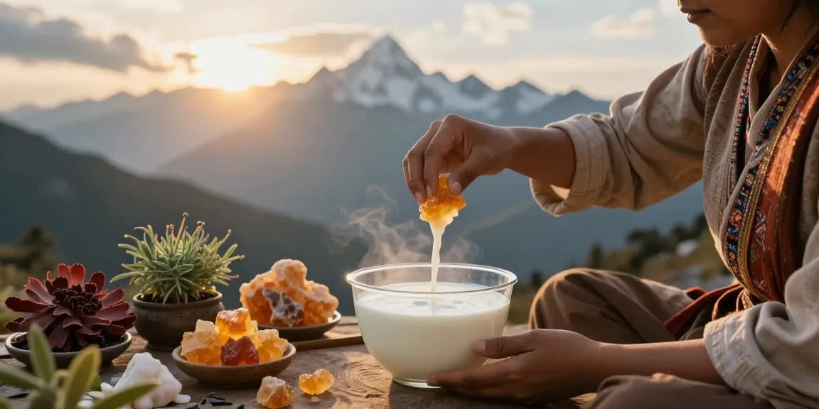 Buy shilajit online in Australia, showcasing a serene scene with a person using Shilajit resin in warm milk amidst the Himalayan backdrop.