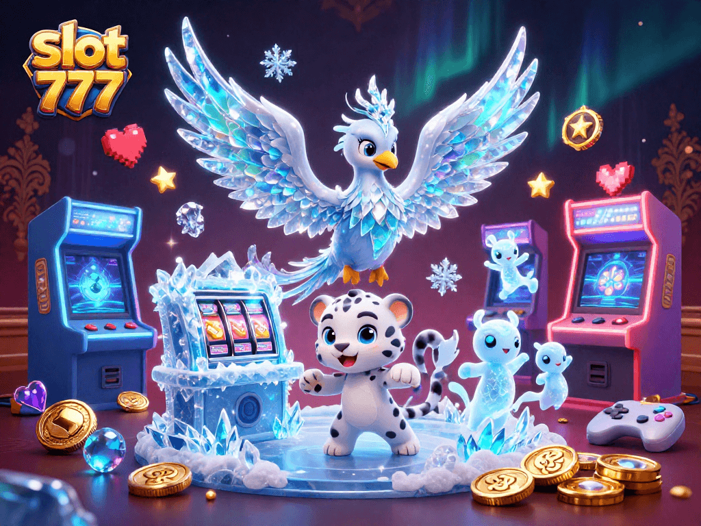 Engage with slot 777 in a vibrant, dynamic casino illustration featuring charming characters.