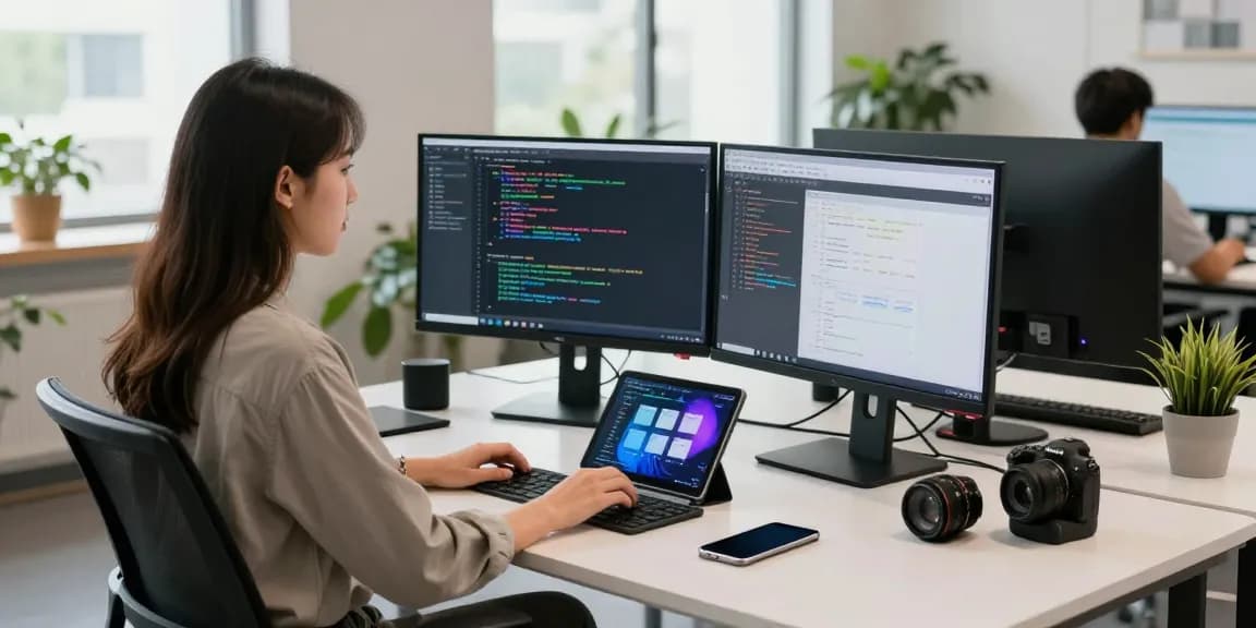 Dynamic software developer workspace showcasing raja328 alternatif coding practices in a bright, collaborative tech setting.