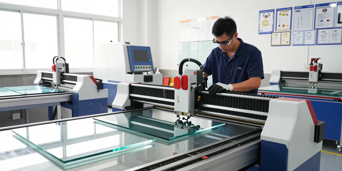 CNC glass cutting machine being operated in a modern glass processing workshop with advanced equipment.