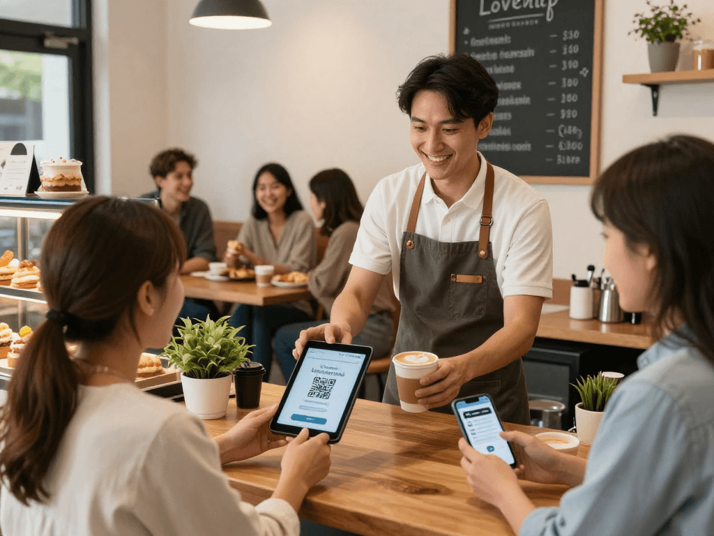 Engaging loyalty program in a local cafe, showcasing customer interaction and rewards.