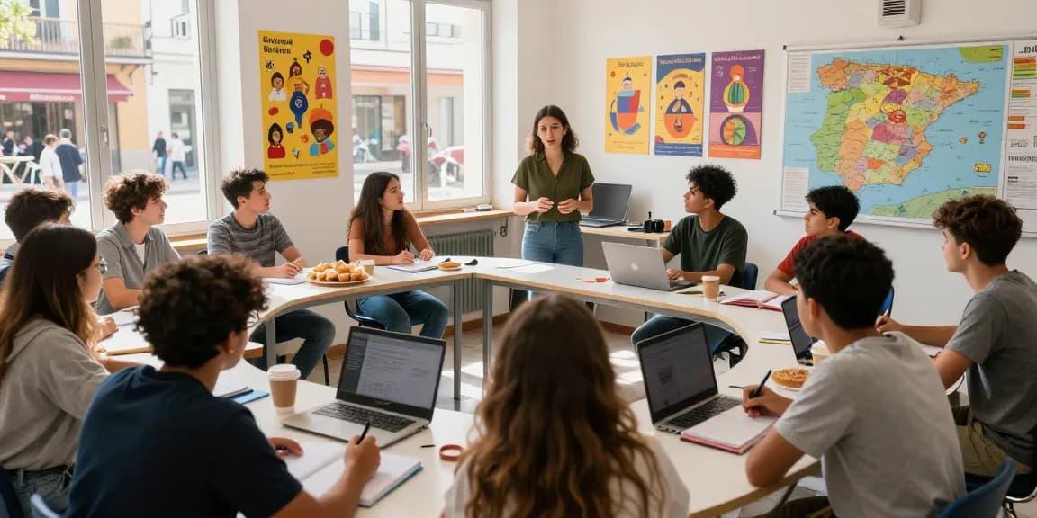 Corsi di spagnolo in Spagna, studenti impegnati in una lezione di lingua interattiva in un vivace contesto scolastico spagnolo
