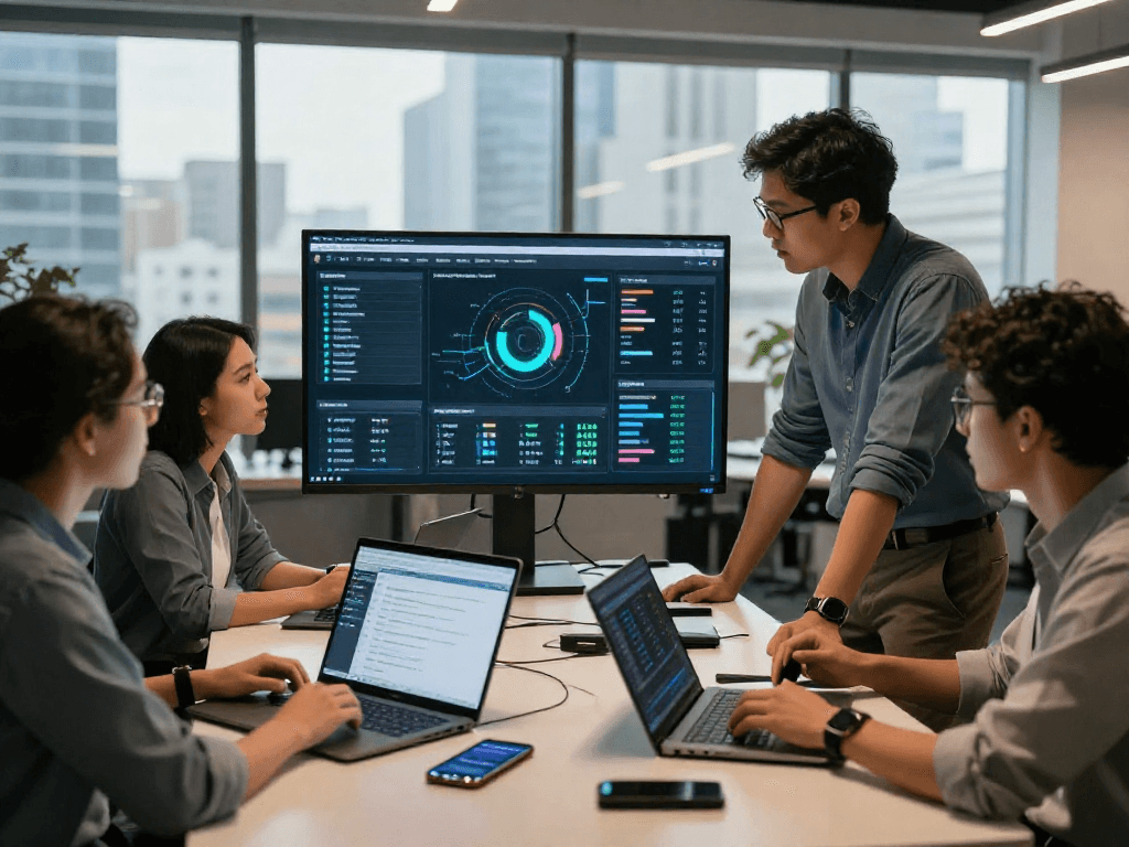 Document fraud detection analysis in a modern office environment with professionals collaborating over analytical dashboards.