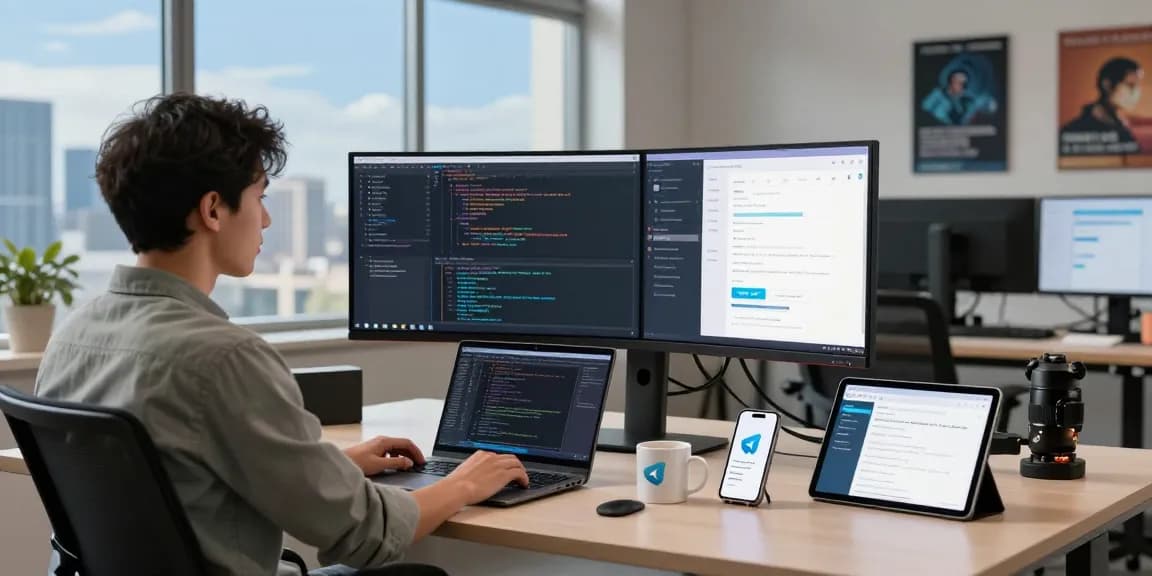 Engaged software developer using telegraimin.com on a modern workspace with coding monitors and urban skyline.