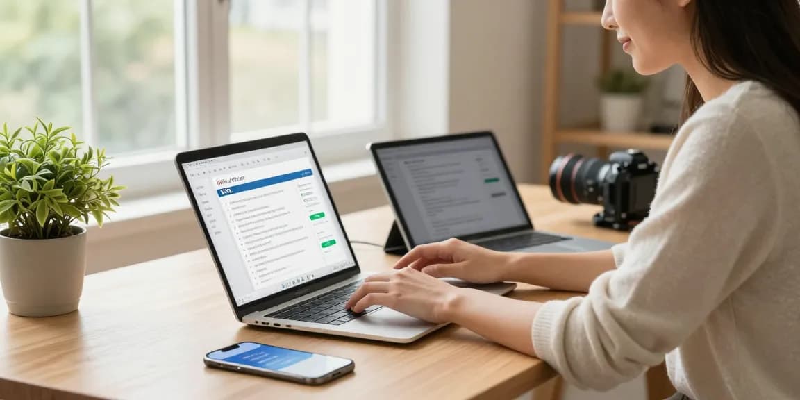 Professional woman using wps下载 on laptop in modern home office with tablet and smartphone.