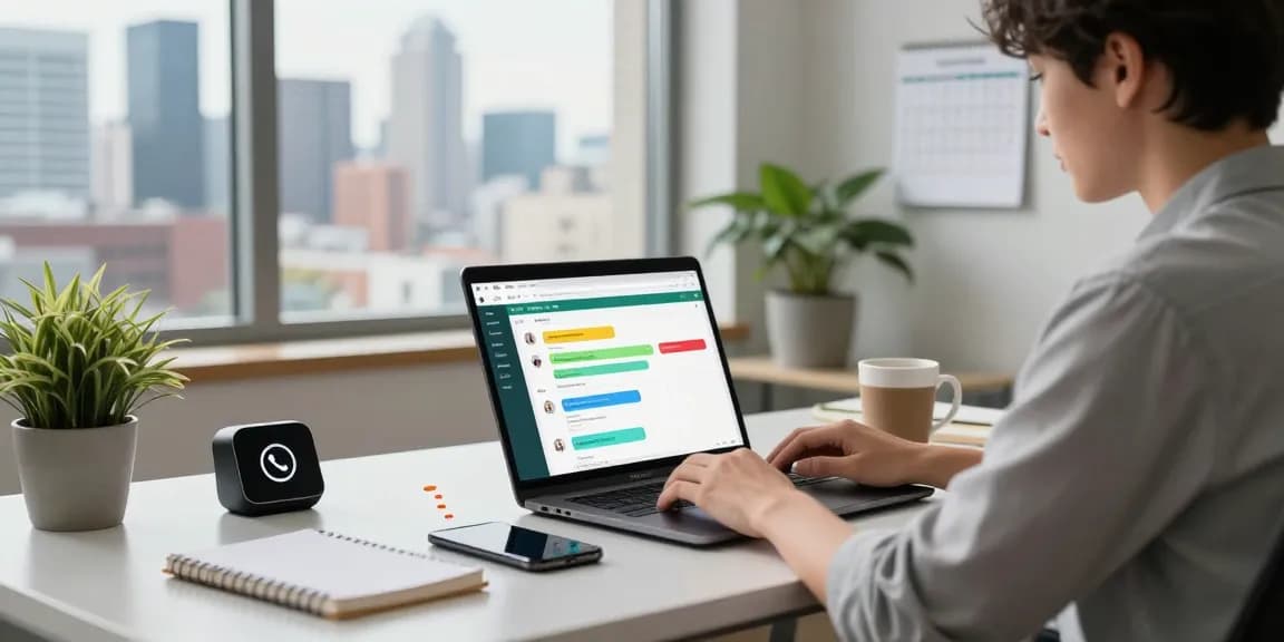 Professionals using WhatsApp網頁版 in modern office workspace.