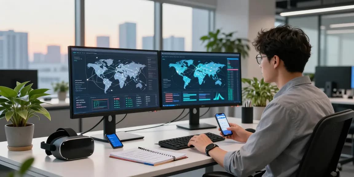 快连 network optimization specialist analyzing real-time global connection data in a modern tech workspace.