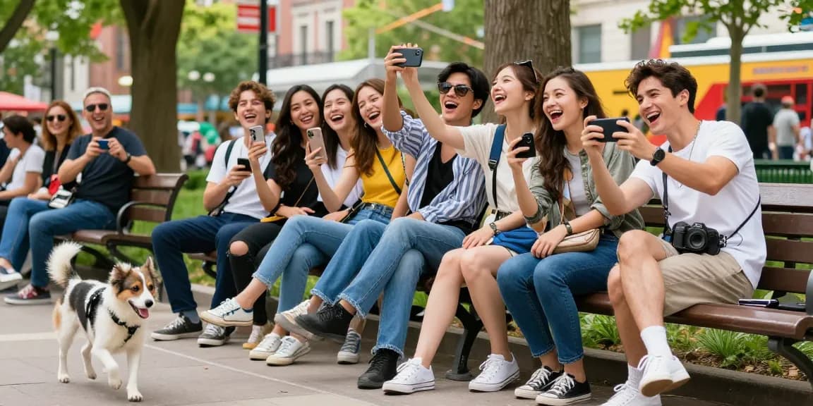 Celebrities look alike matches discovered outdoors as friends take selfies.