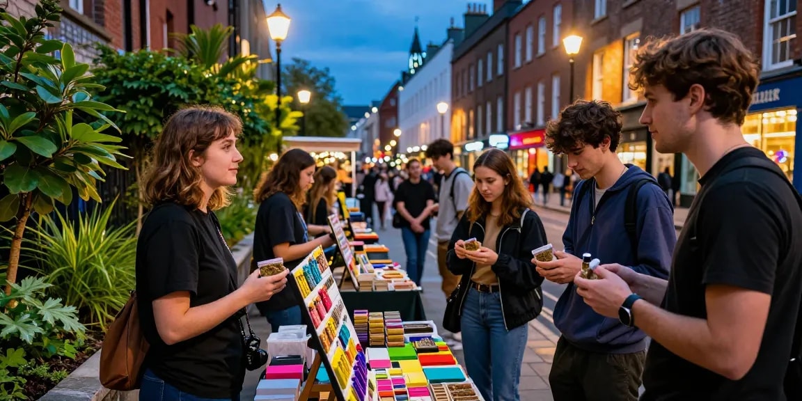 Where Can I Buy Potent Cannabis Resin In Dublin? Vibrant marketplace scene showcasing cannabis resin products with engaging vendors.