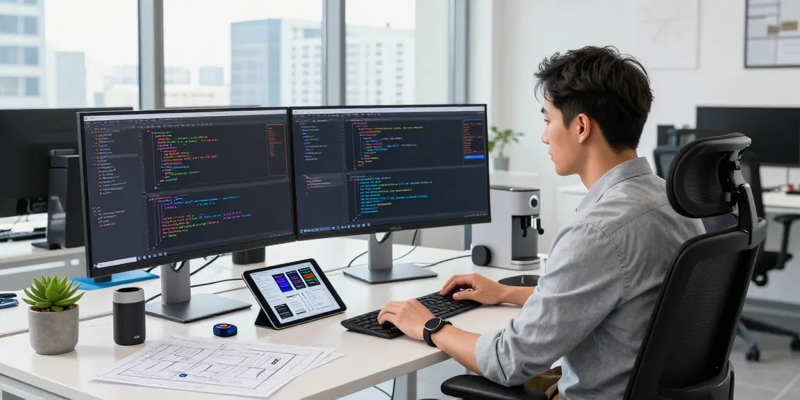Developer engaged in coding at modern tech workspace with dual monitors showcasing kecak4d algorithms and design mockups.