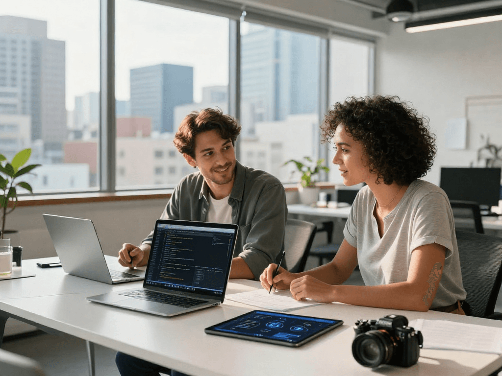AI gf tech collaboration in modern workspace with laptops and design mock-ups.