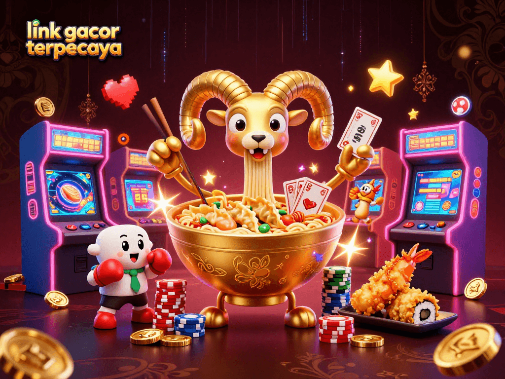 Gambaran slot menarik dengan link gacor terpercaya, karakter kartun kasino dan mesin arcade 3D
