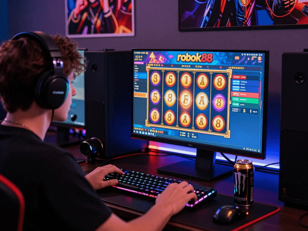 Player enjoying a thrilling moment with rokok88 slot on screen, showcasing immersive online gaming atmosphere.