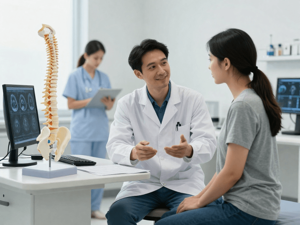Bel fıtığı ameliyatı discussion between surgeon and patient in a clinical setting.