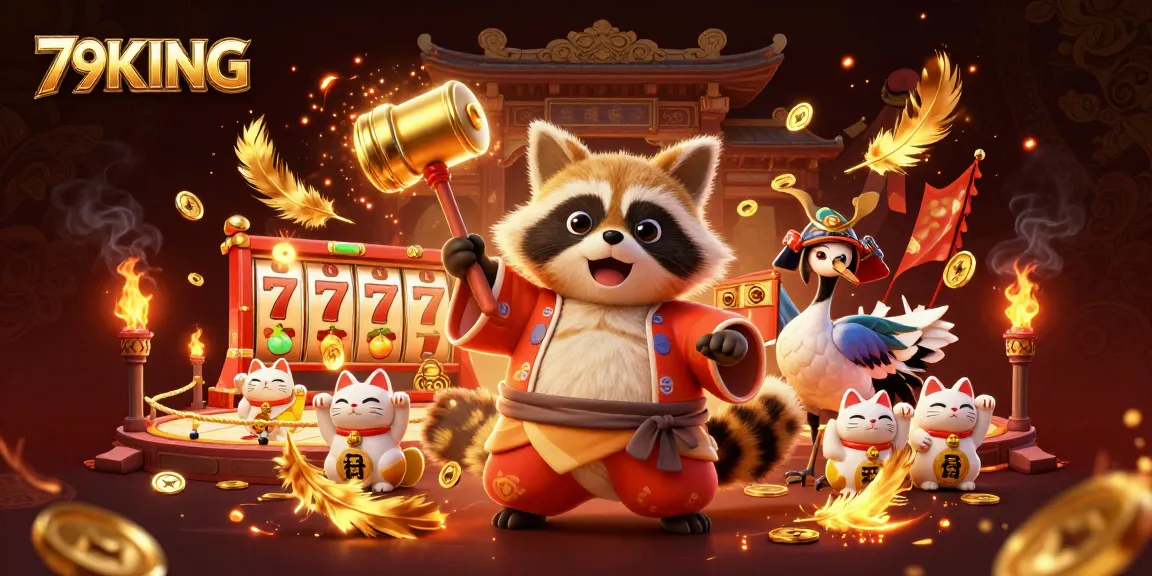 Experience thrilling gaming at 79KING with a festive casino atmosphere featuring lucky symbols and cheerful characters.