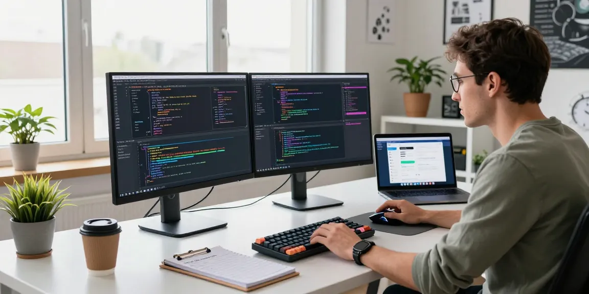 Engaged developer at a modern workspace coding on teiegramin.com software, dual monitors and vibrant screens.