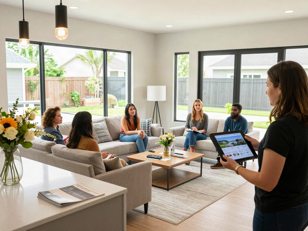 Potential buyers exploring a modern home during open house while discussing a deposit 10k.