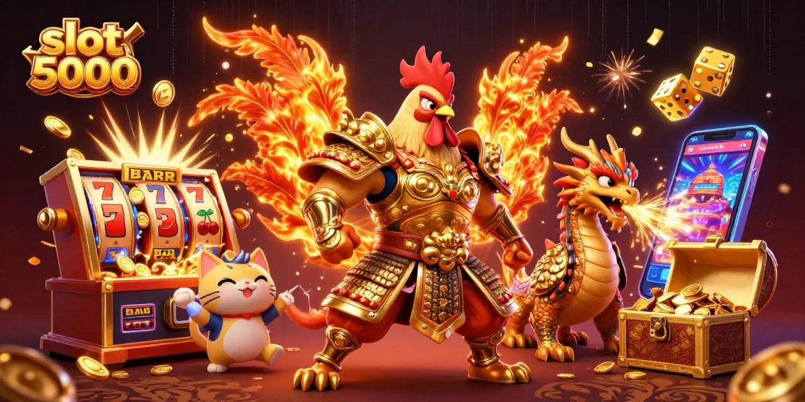 Menghadirkan slot 5000, ilustrasi kasino 3D dengan karakter ayam jantan pejuang dan naga, merayakan jackpot.