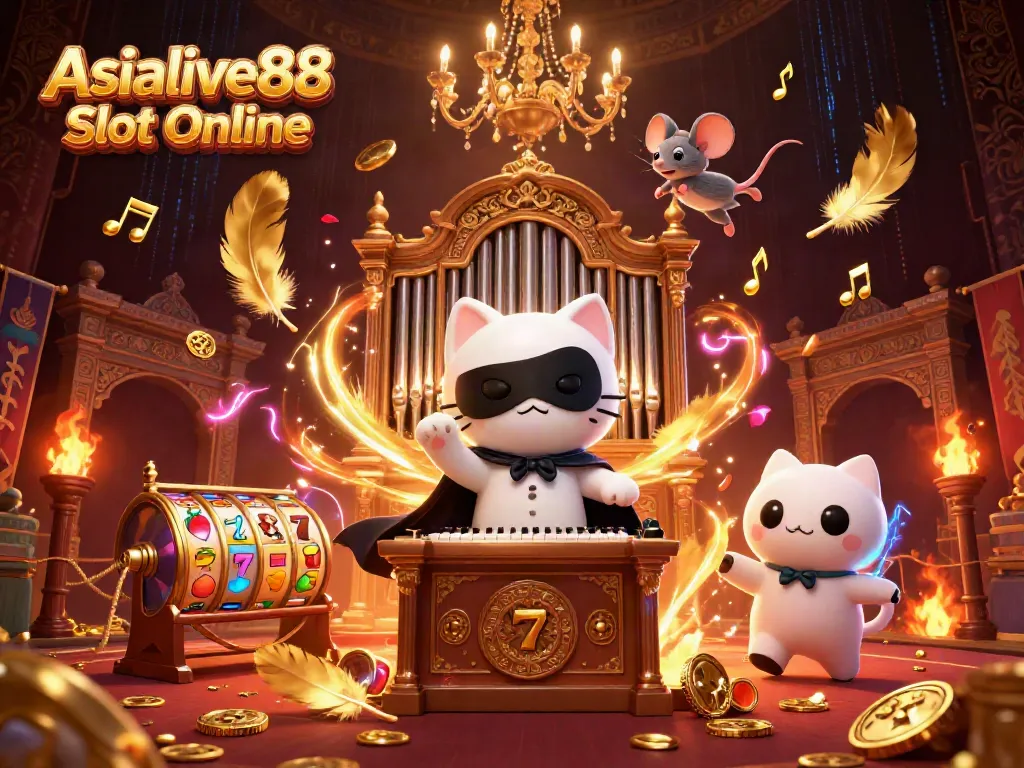 Engage with Asialive88 Slot Online illustrated scene featuring a phantom cat and mouse acrobat amidst casino elements.