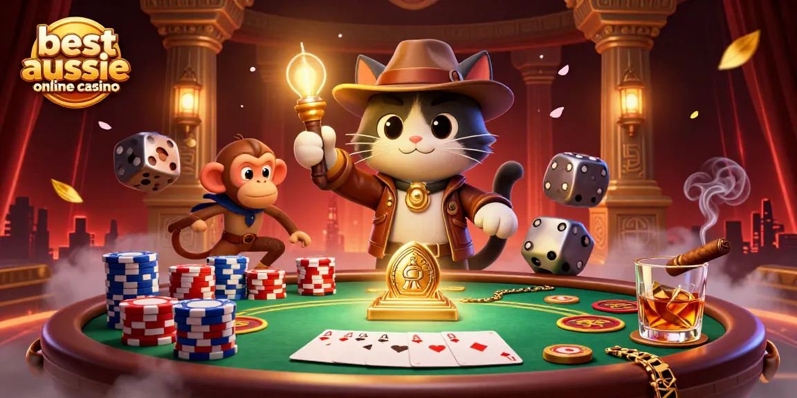 Experience the thrill of the best aussie online casino with a dynamic scene featuring an explorer cat and treasures.
