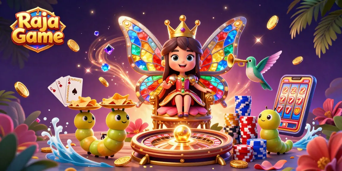 Engage in thrilling gameplay on Raja Game, featuring a vibrant scene with animated characters and casino elements.