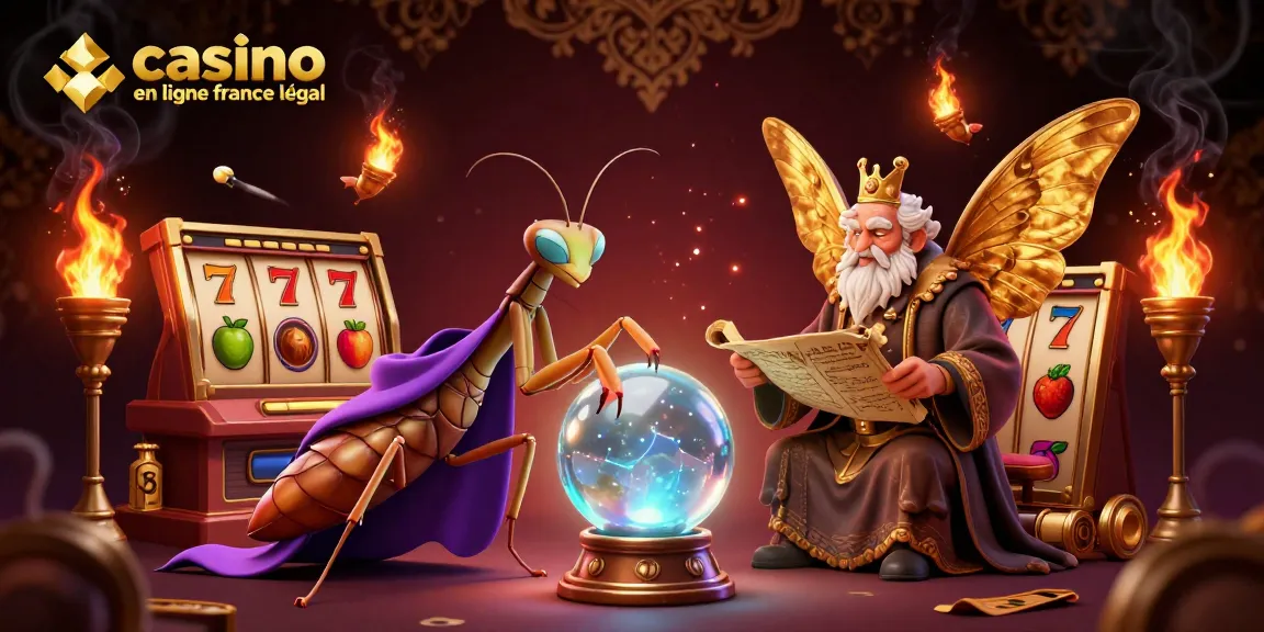 Illustration captivante de casino en ligne france légal avec une mante religieuse ésotérique, des symboles de machine à sous dynamique et une ambiance mystique.