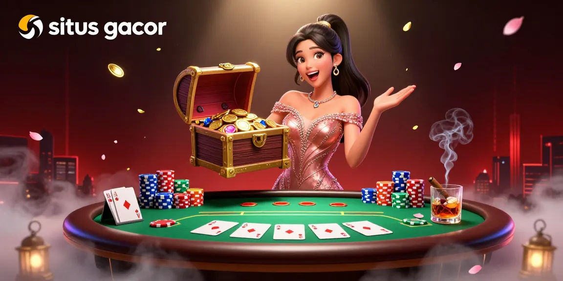 situs gacor showcases a stunning treasure chest of coins, poker chips, and cards in an alluring casino scene.