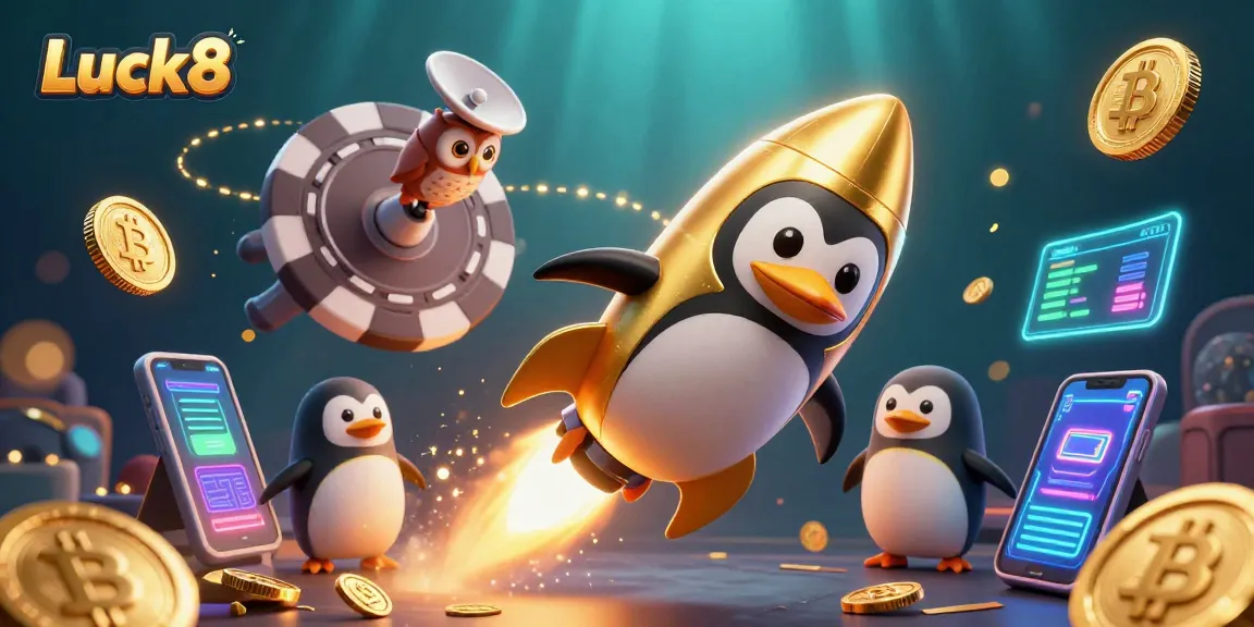 Experience the excitement of Luck8 gaming with a golden penguin soaring towards a casino chip!