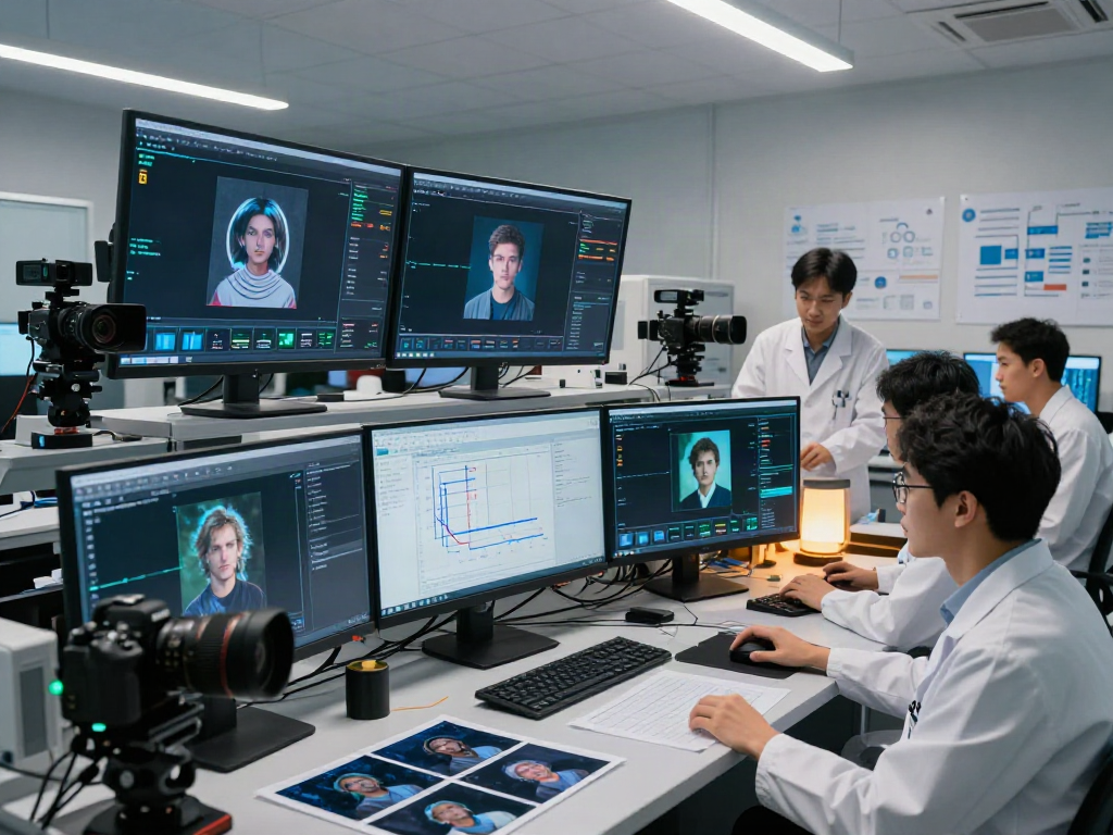Data scientists conducting AI-generated image detection research in a modern lab.
