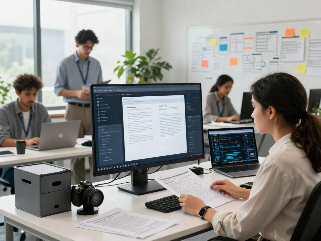 Data analyst reviewing document fraud detection software interface in modern office.