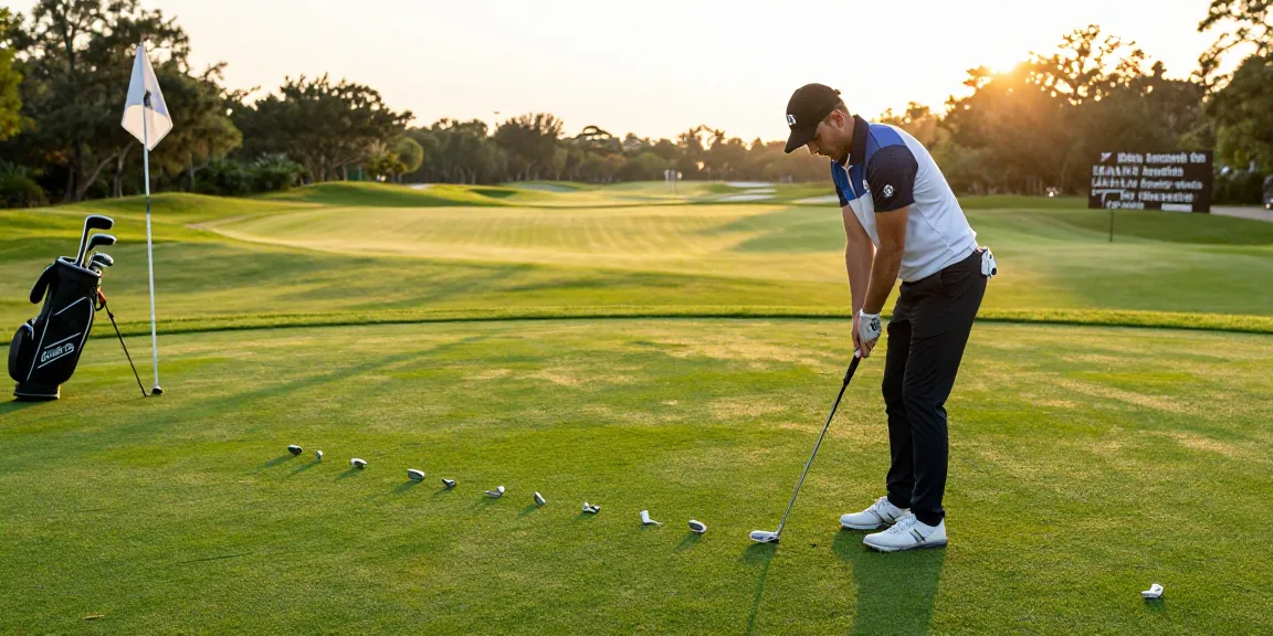 Ulasan putter terbaru di https://puttperfection.com/putter-reviews dengan pemain golf yang berlatih di lapangan golf saat matahari terbenam.
