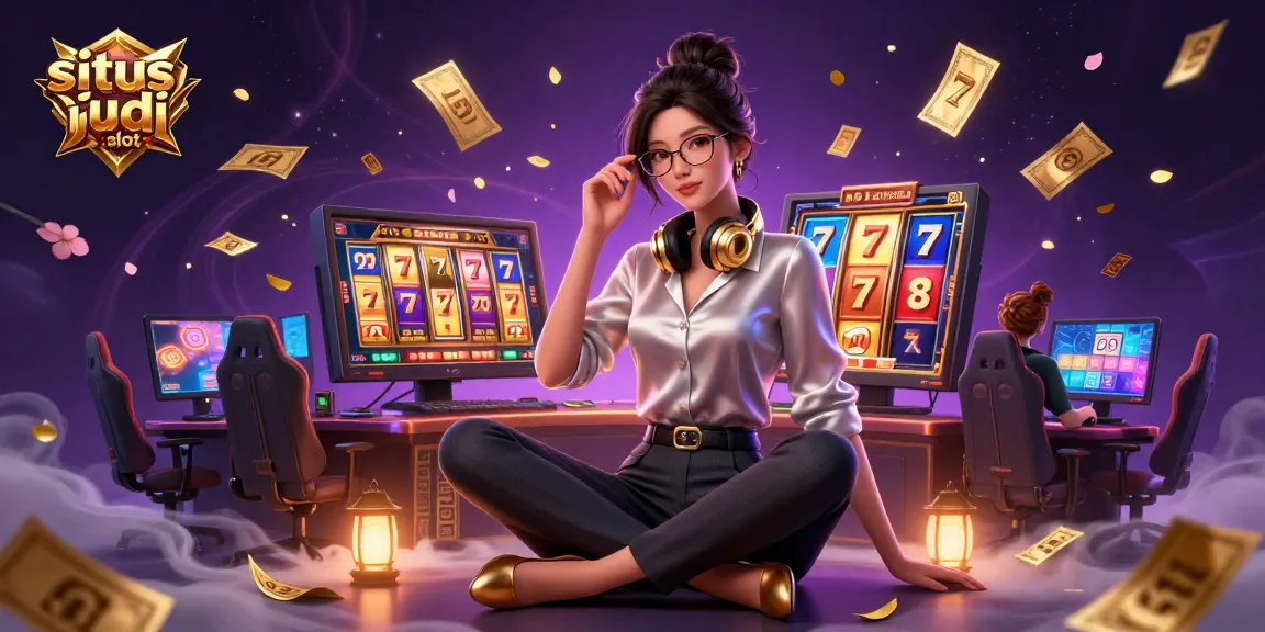 Engage with exciting situs judi slot gameplay in a vibrant 3D illustration featuring dynamic slot elements and a professional gamer.