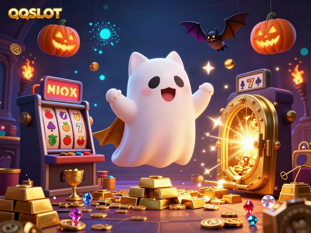 Engaging QQSLOT scene featuring a ghost cat and vampire bat amidst dynamic casino elements.