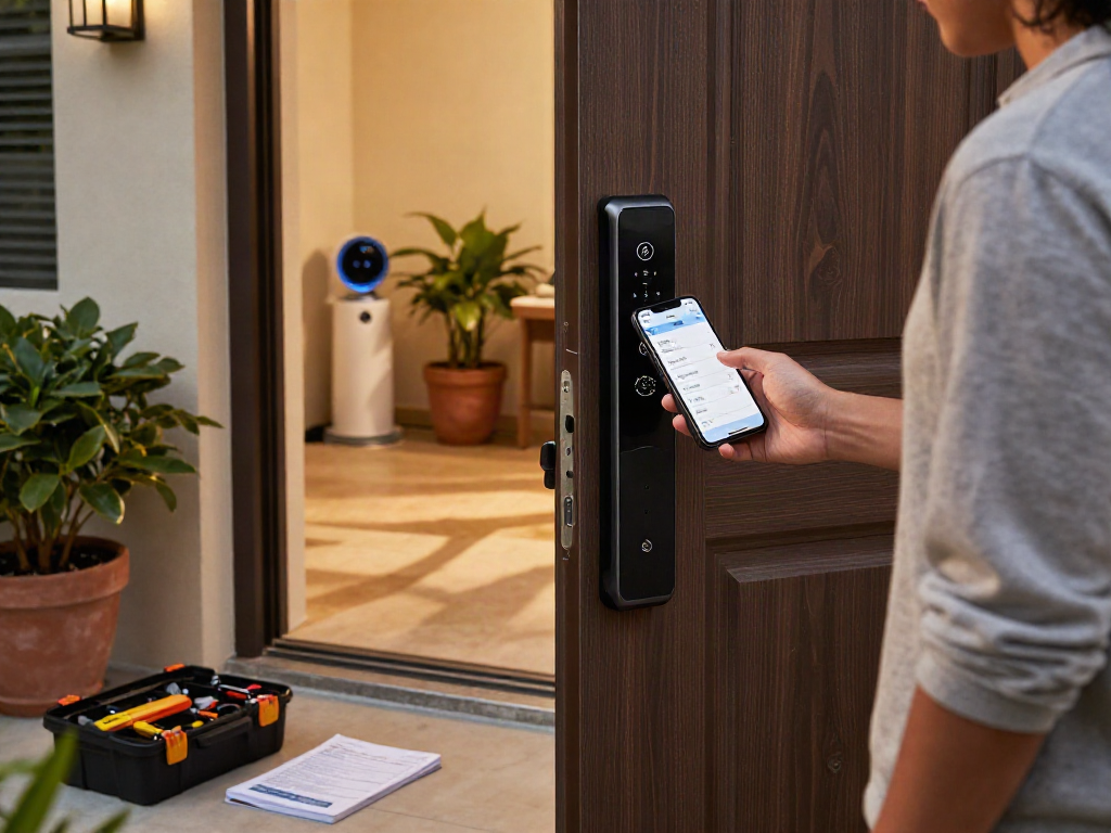 خرید قفل هوشمند installation scene showcasing smart technology for home security.