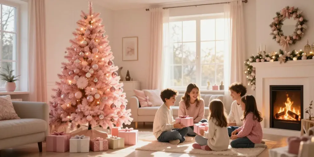 Celebrate a joyful pink xmas with a beautifully decorated Christmas tree and a warm family gathering.