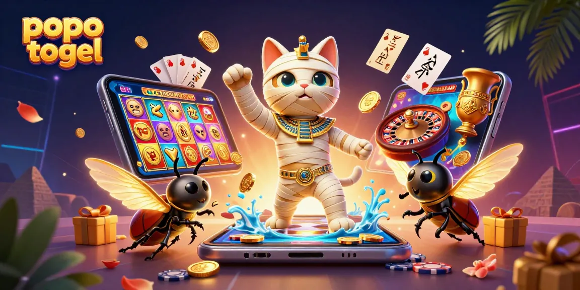 Experience the excitement of popo togel with a vibrant scene of a mummy cat and golden elements in a casino.