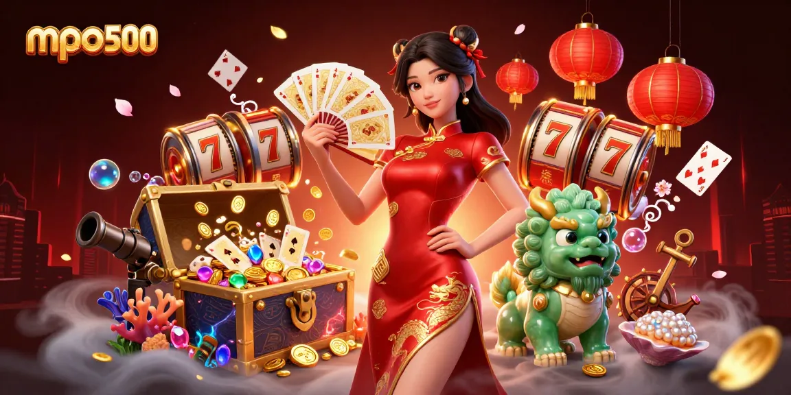 Experience thrilling games on mpo500 with a 3D woman in a qipao, iconic symbols, and vibrant textures.