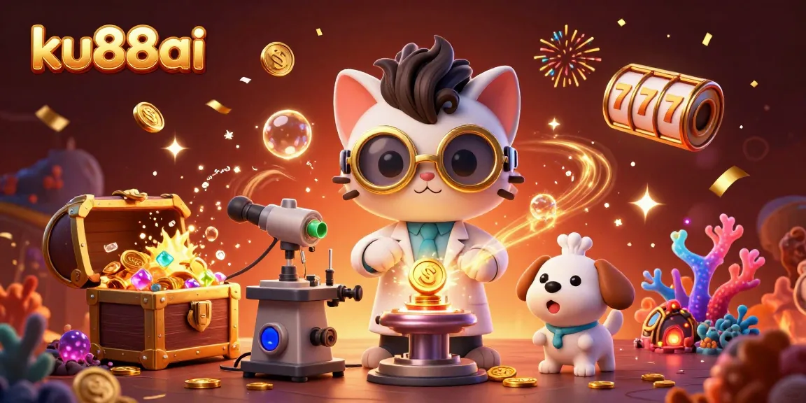 Experience thrilling slots action at ku88ai with a mad scientist cat and loyal dog in a vibrant casino lab scene.
