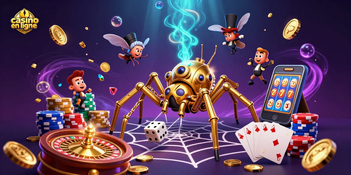 Découvrez le casino en ligne avec une araignée steampunk construisant une toile de jetons et attrapant des dés chanceux.