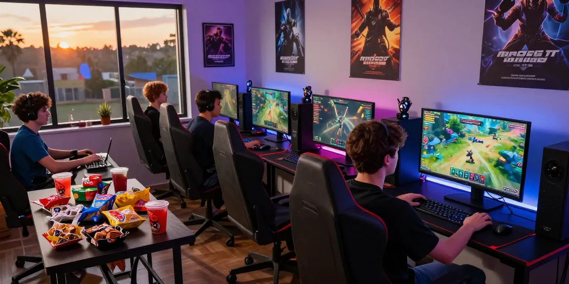 Gaming setup showcasing intense players enjoying games on raja328 situs with vibrant screens and snacks.