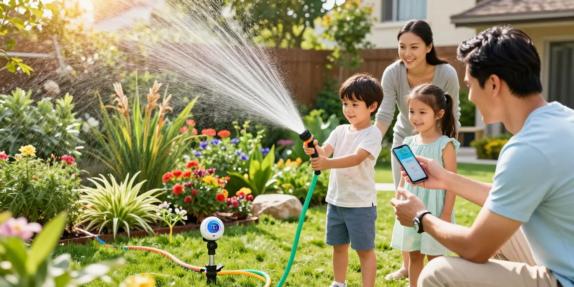 Family setting up a RainPoint sprinkler timer in their garden, enjoying efficient watering.