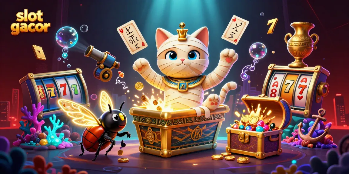 Experience slot gacor action with an Egyptian mummy cat and treasures bursting from a vibrant casino scene.