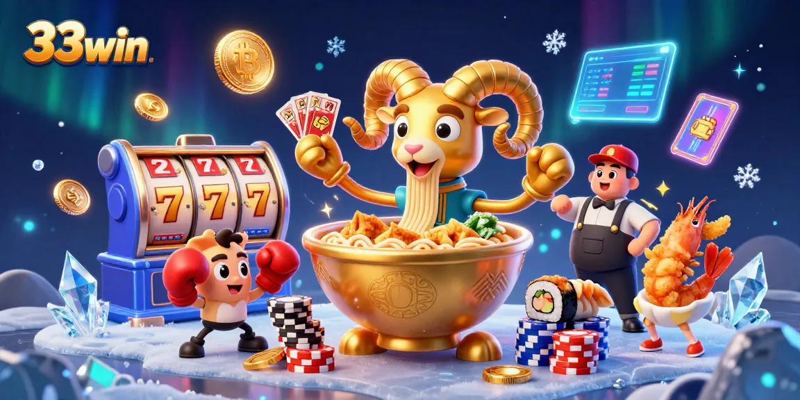 33win showcases a vibrant casino scene with animated sushi characters and crypto elements for thrilling bets.