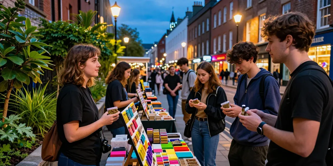 Where Can I Buy Potent Cannabis Resin In Dublin? Vibrant marketplace scene showcasing cannabis resin products with engaging vendors.