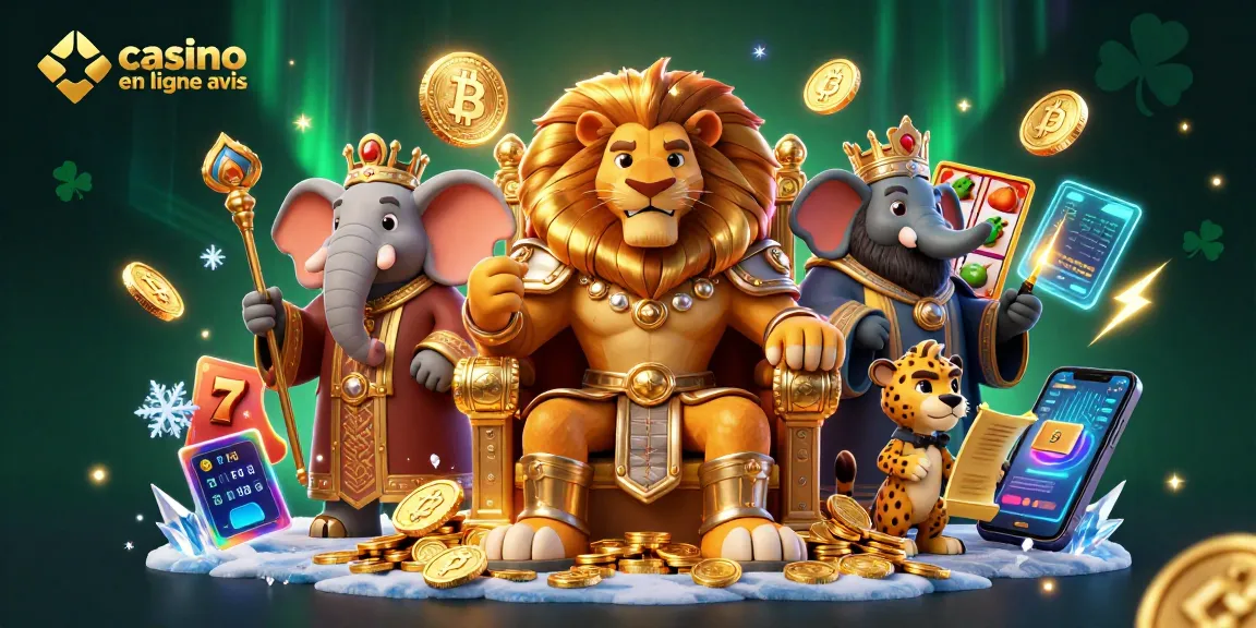 Avis de casino en ligne : illustration dynamique avec un roi lion 3D et des éléments de machines à sous