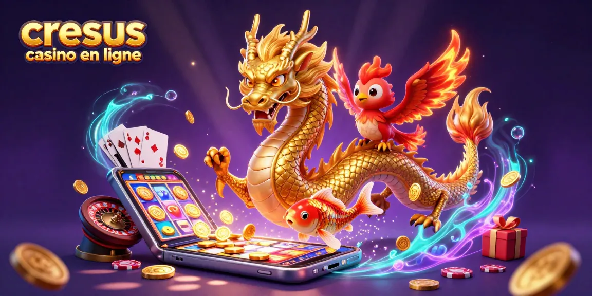 Cresus casino en ligne présente des personnages vibrants avec un dragon, un phénix et un poisson koi dans une dynamique de jeu.