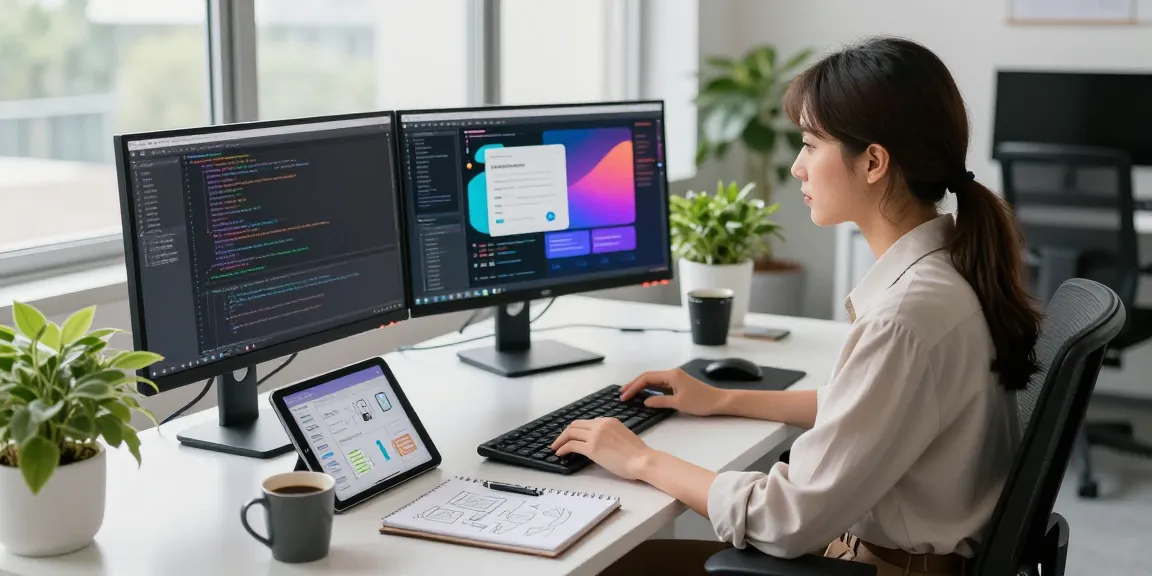 Developer coding a smart AI assistant in a modern office, focused on dual monitors with vibrant designs.