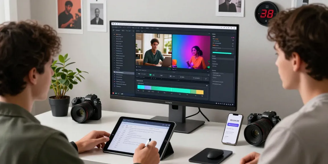 Engaged user utilizing the video to prompt AI generator, analyzing video content with real-time prompts on a sleek desk.