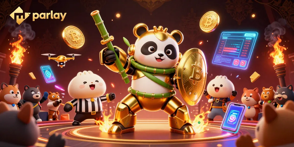 Engage in mix parlay betting with a golden panda piloting a casino-themed robot amidst vibrant action.